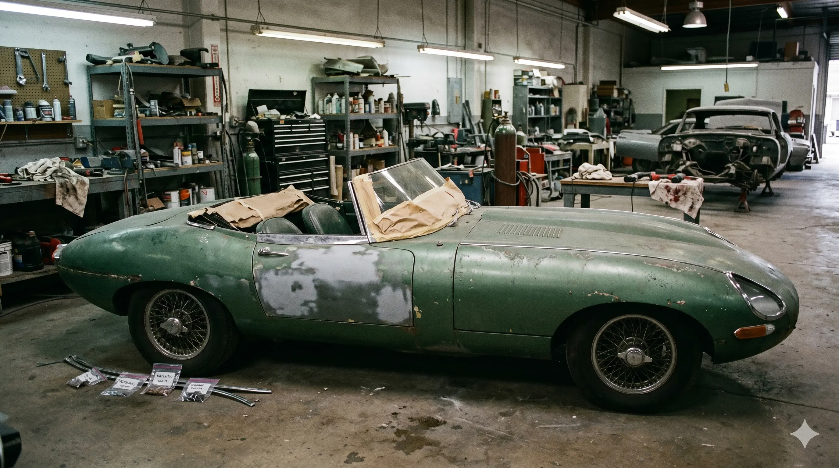 1967 Jaguar E-Type Series 1 — Deep Forest BRG — before restoration